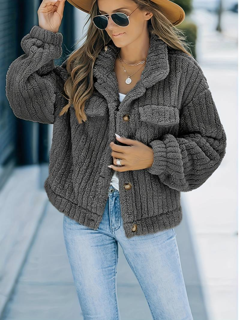 Women's Faux Fur Jacket - Oversized Fit - Notched Lapel - Button Front - Warm & Cozy