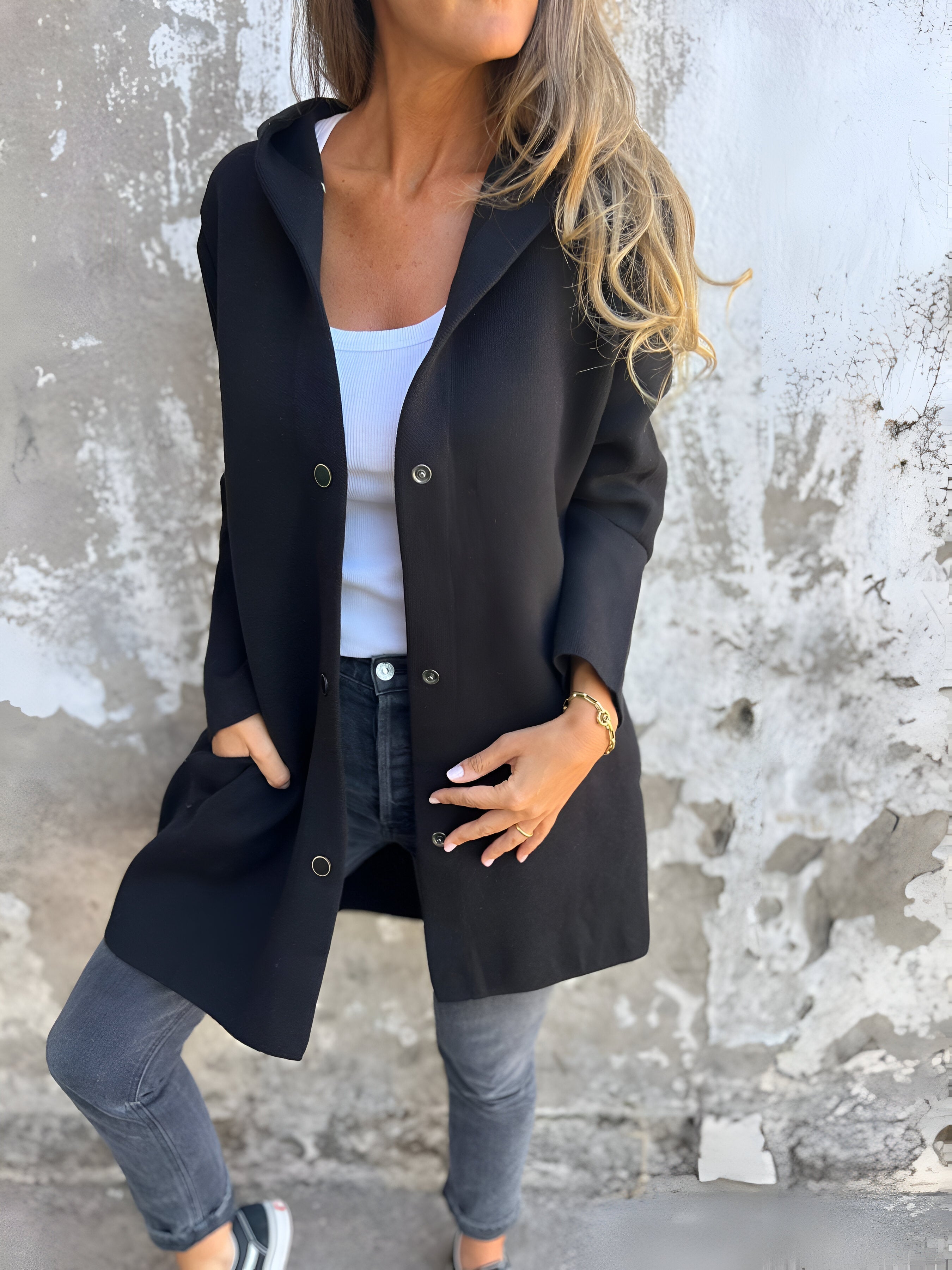 Women's Overcoat - Mid-Length Relaxed Fit - Button Closure - Side Pockets Stylish Layer