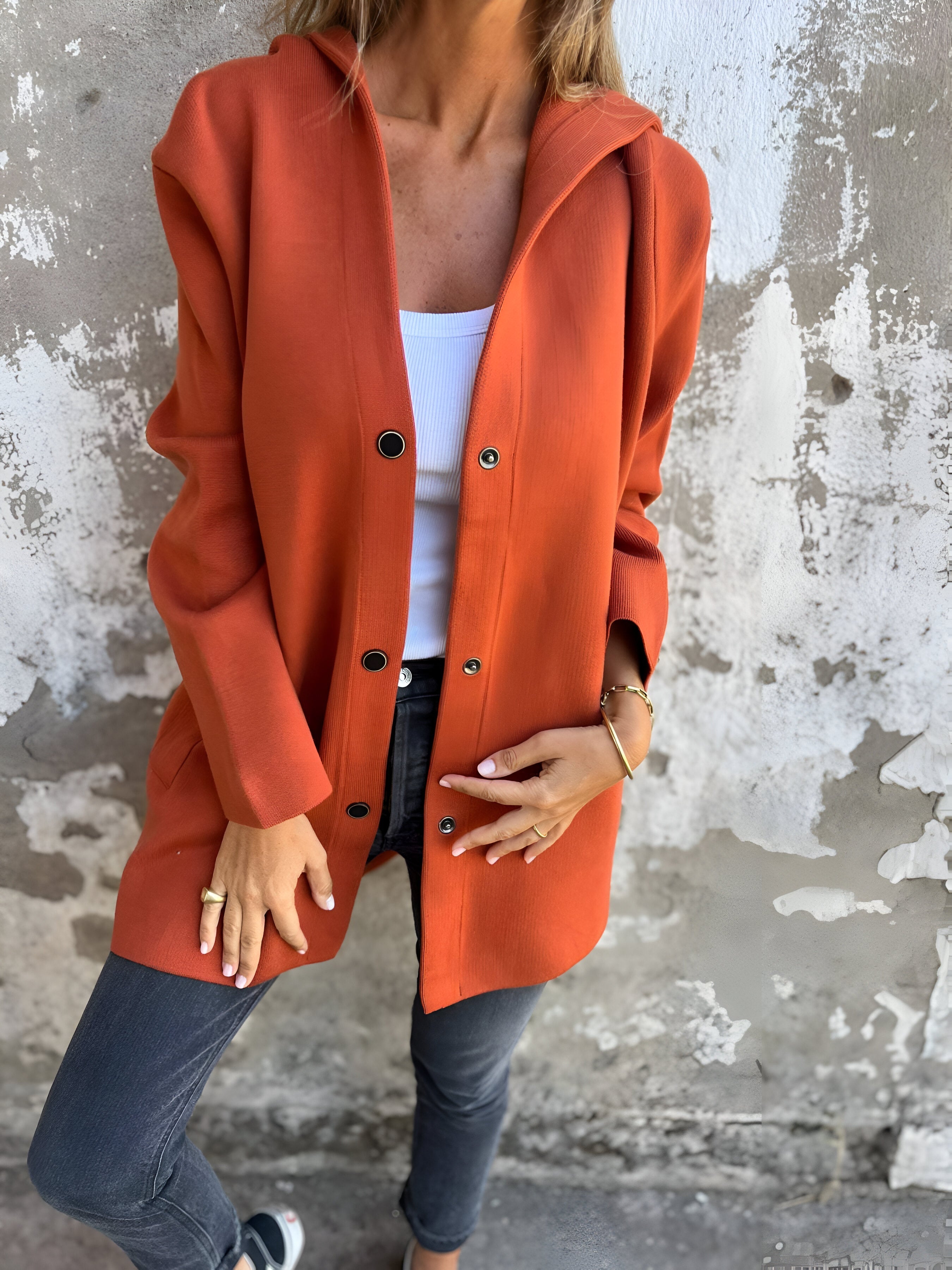 Women's Overcoat - Mid-Length Relaxed Fit - Button Closure - Side Pockets Stylish Layer