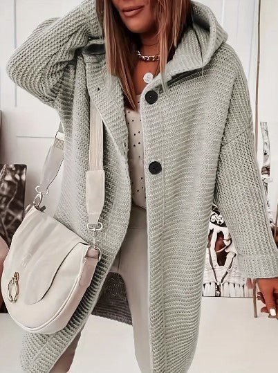 Women's Knitted Coat - Button Front - Wide Collar - Warm Textured Fabric - Relaxed Fit