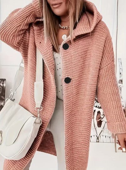 Women's Knitted Coat - Button Front - Wide Collar - Warm Textured Fabric - Relaxed Fit