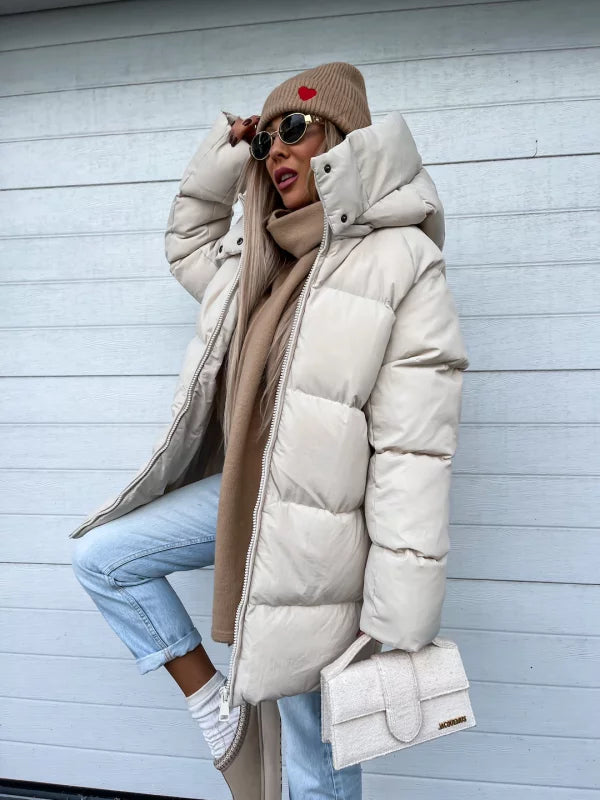 Women's Puffer Coat - Quilted Longline - Hooded High Collar - Warm Insulated