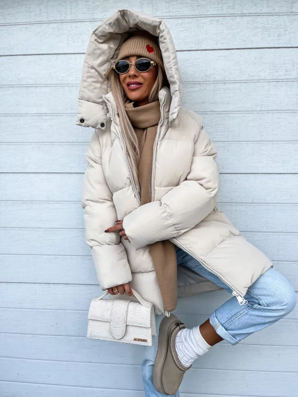 Women's Puffer Coat - Quilted Longline - Hooded High Collar - Warm Insulated