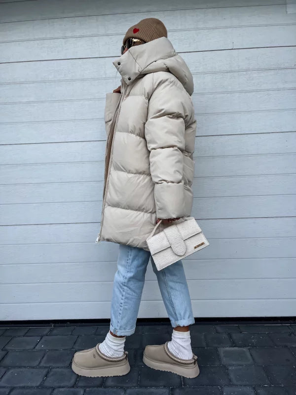 Women's Puffer Coat - Quilted Longline - Hooded High Collar - Warm Insulated