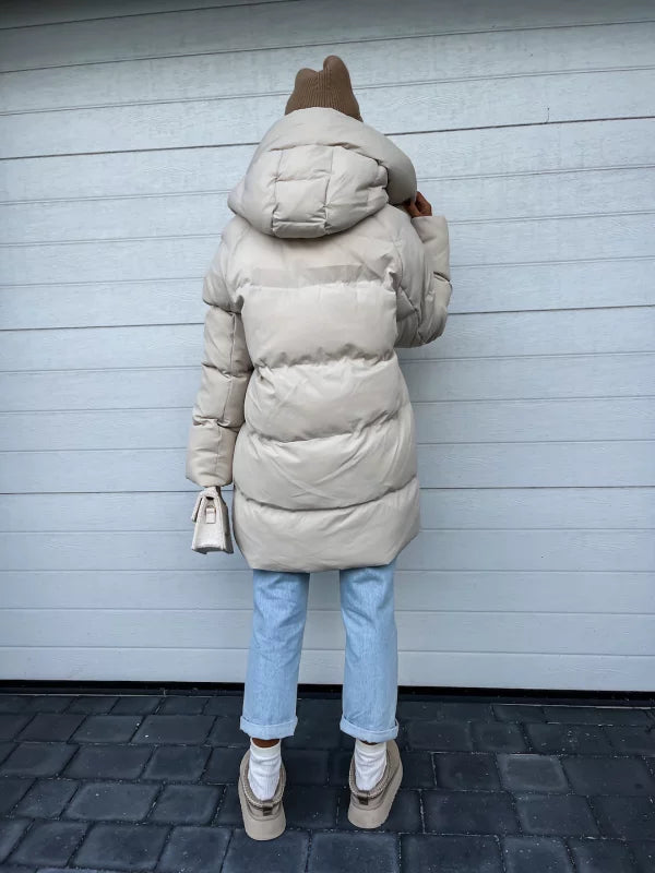 Women's Puffer Coat - Quilted Longline - Hooded High Collar - Warm Insulated