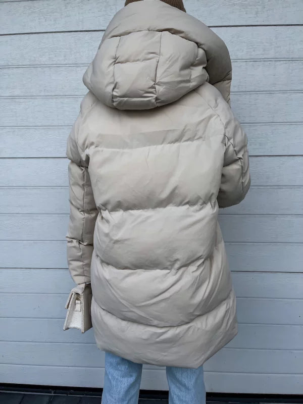Women's Puffer Coat - Quilted Longline - Hooded High Collar - Warm Insulated