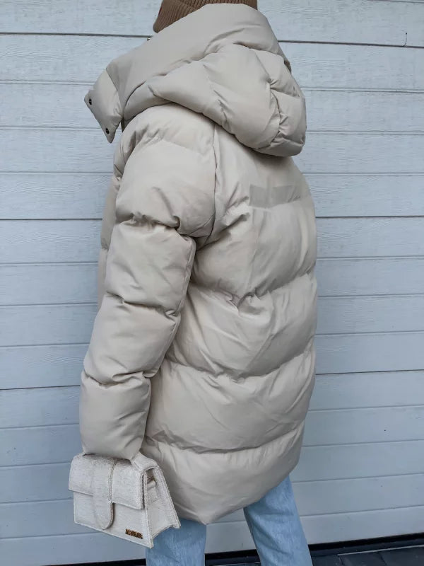 Women's Puffer Coat - Quilted Longline - Hooded High Collar - Warm Insulated