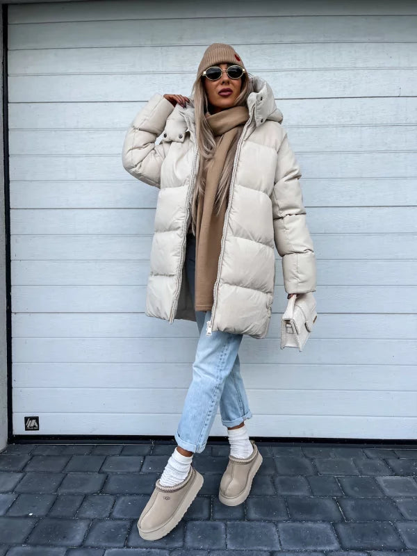 Women's Puffer Coat - Quilted Longline - Hooded High Collar - Warm Insulated