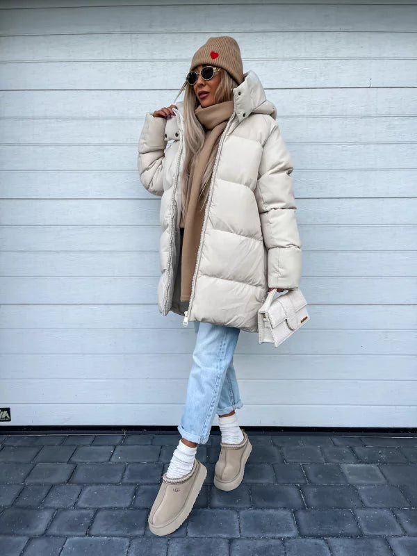 Women's Puffer Coat - Quilted Longline - Hooded High Collar - Warm Insulated