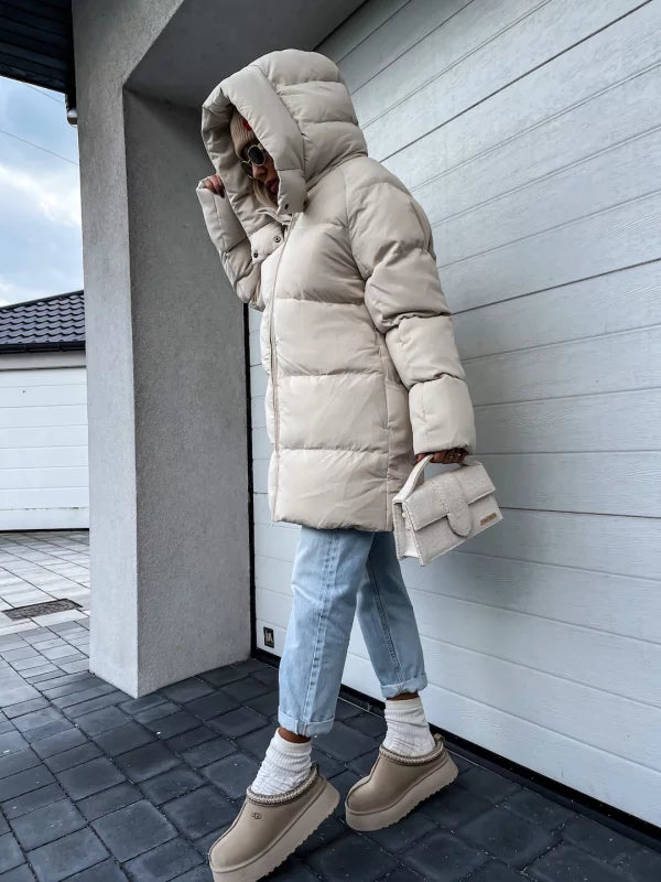 Women's Puffer Coat - Quilted Longline - Hooded High Collar - Warm Insulated
