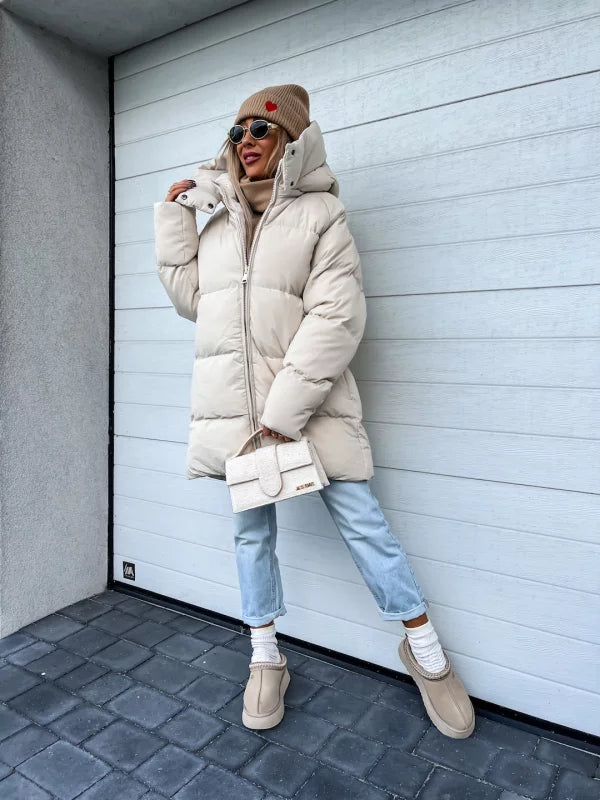 Women's Puffer Coat - Quilted Longline - Hooded High Collar - Warm Insulated