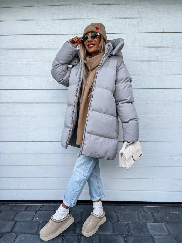 Women's Puffer Coat - Quilted Longline - Hooded High Collar - Warm Insulated