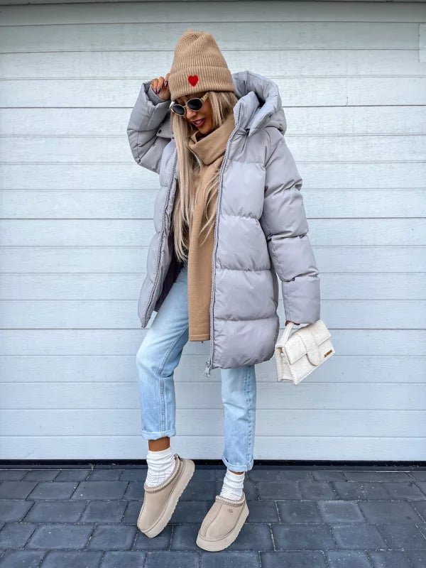 Women's Puffer Coat - Quilted Longline - Hooded High Collar - Warm Insulated