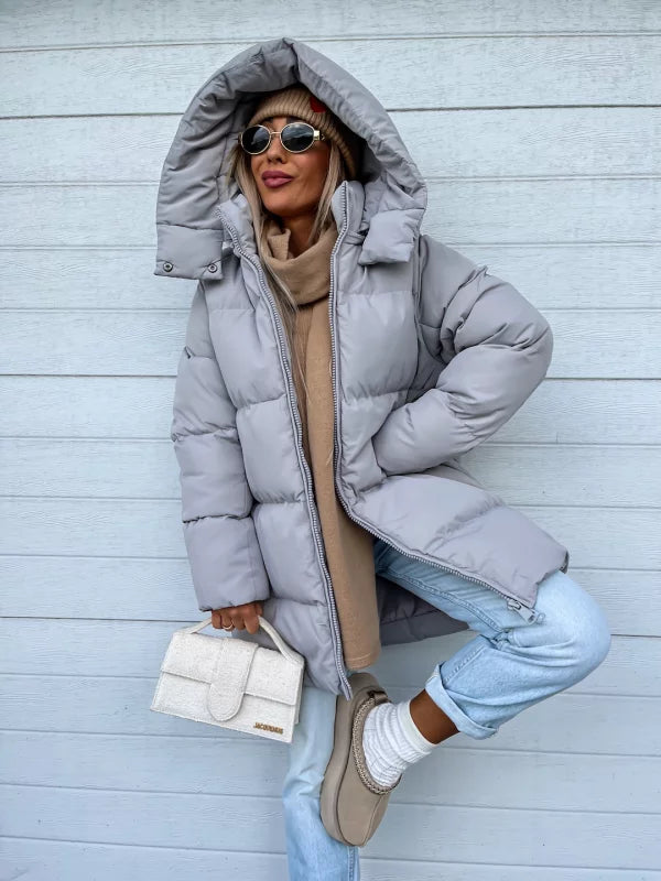 Women's Puffer Coat - Quilted Longline - Hooded High Collar - Warm Insulated