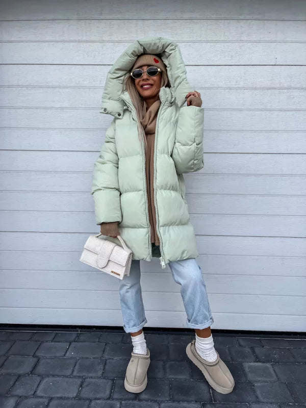 Women's Puffer Coat - Quilted Longline - Hooded High Collar - Warm Insulated