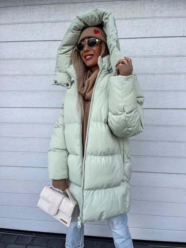 Women's Puffer Coat - Quilted Longline - Hooded High Collar - Warm Insulated