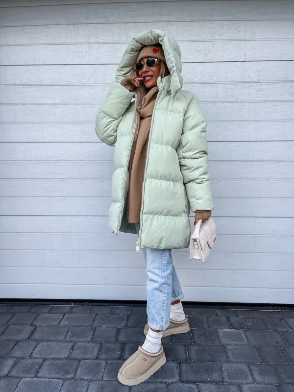 Women's Puffer Coat - Quilted Longline - Hooded High Collar - Warm Insulated