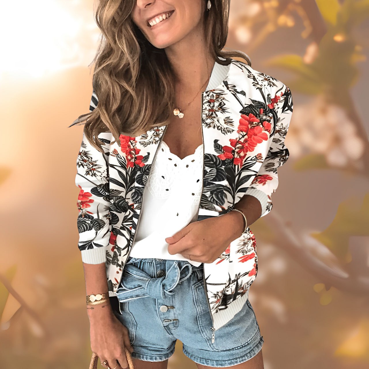 Floral print full zip jacket for women