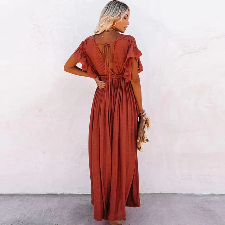 Elegant Long Red Button-Down Dress for Women
