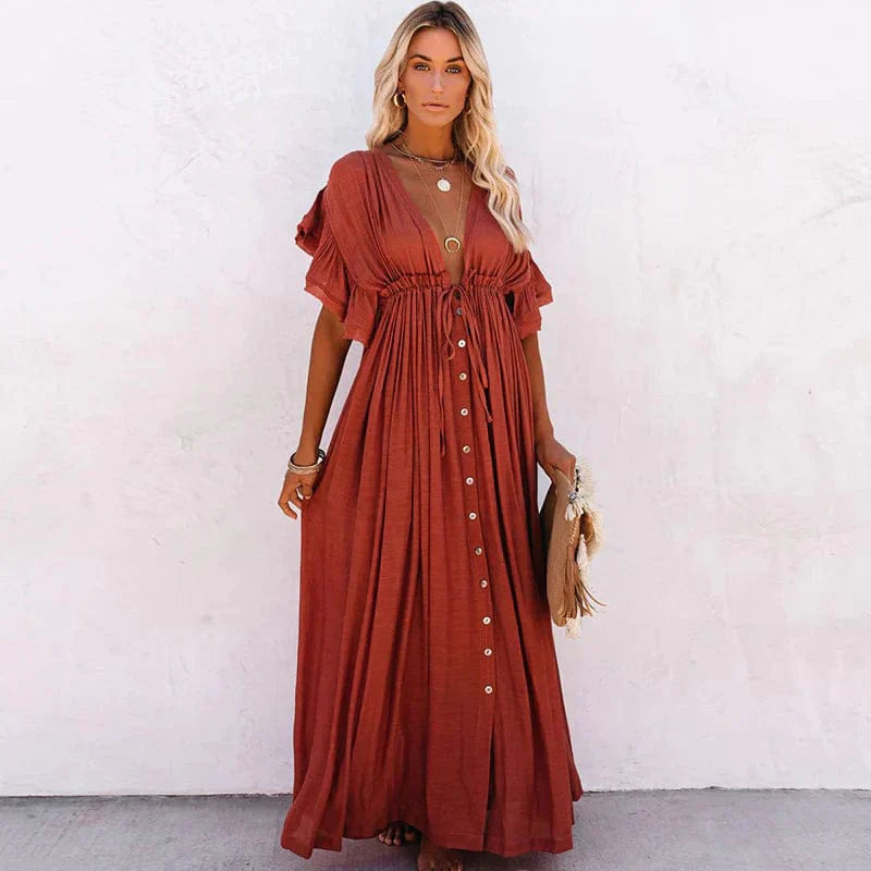 Elegant Long Red Button-Down Dress for Women