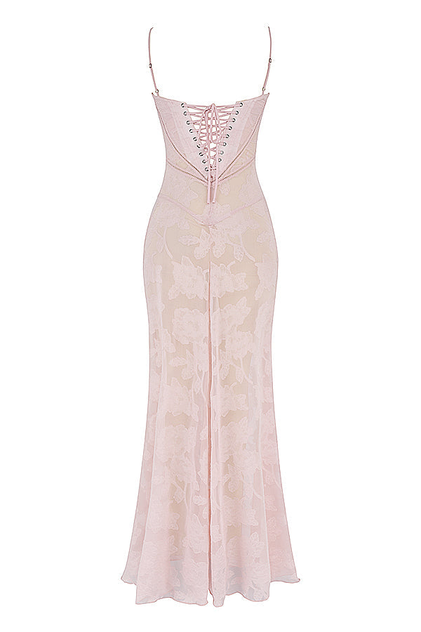 Eleanor - Retro Cream Maxi Dress With Lace Back Panel