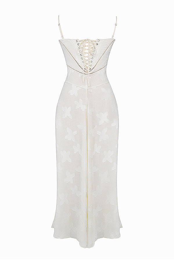 Eleanor - Retro Cream Maxi Dress With Lace Back Panel