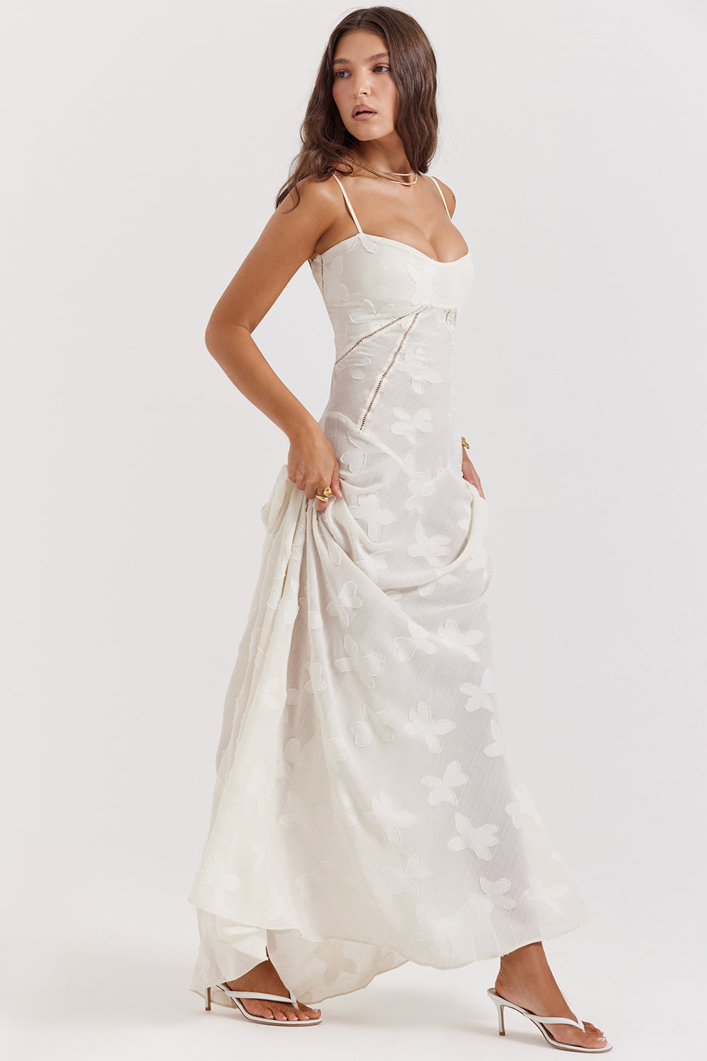 Eleanor - Retro Cream Maxi Dress With Lace Back Panel