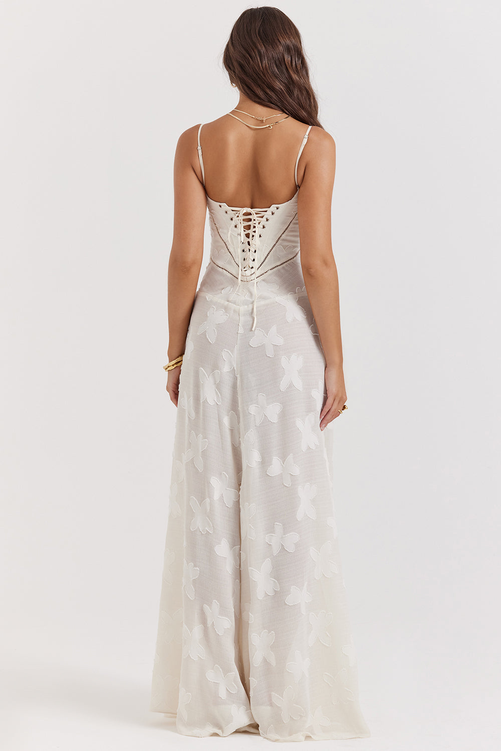 Eleanor - Retro Cream Maxi Dress With Lace Back Panel