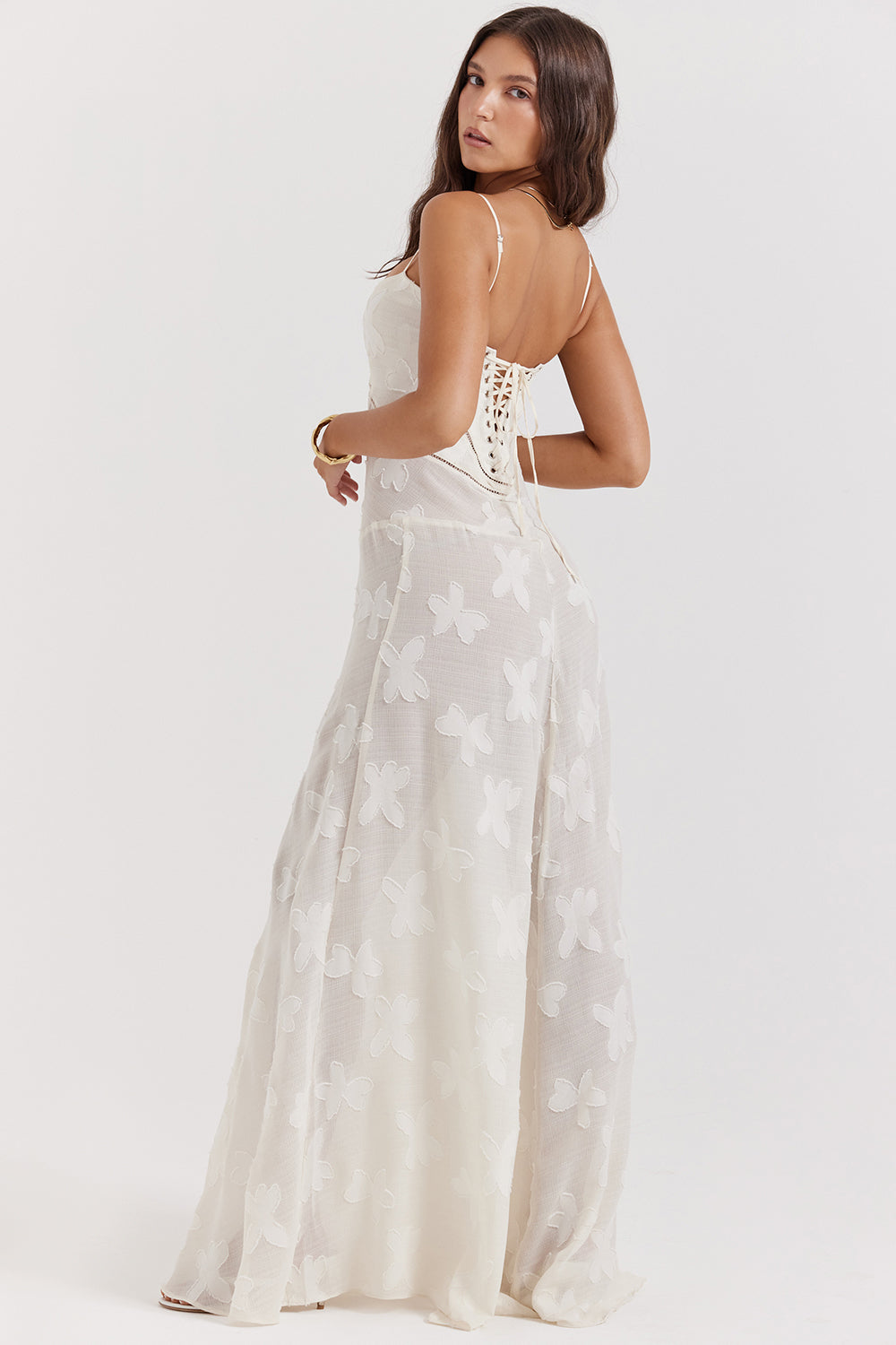 Eleanor - Retro Cream Maxi Dress With Lace Back Panel
