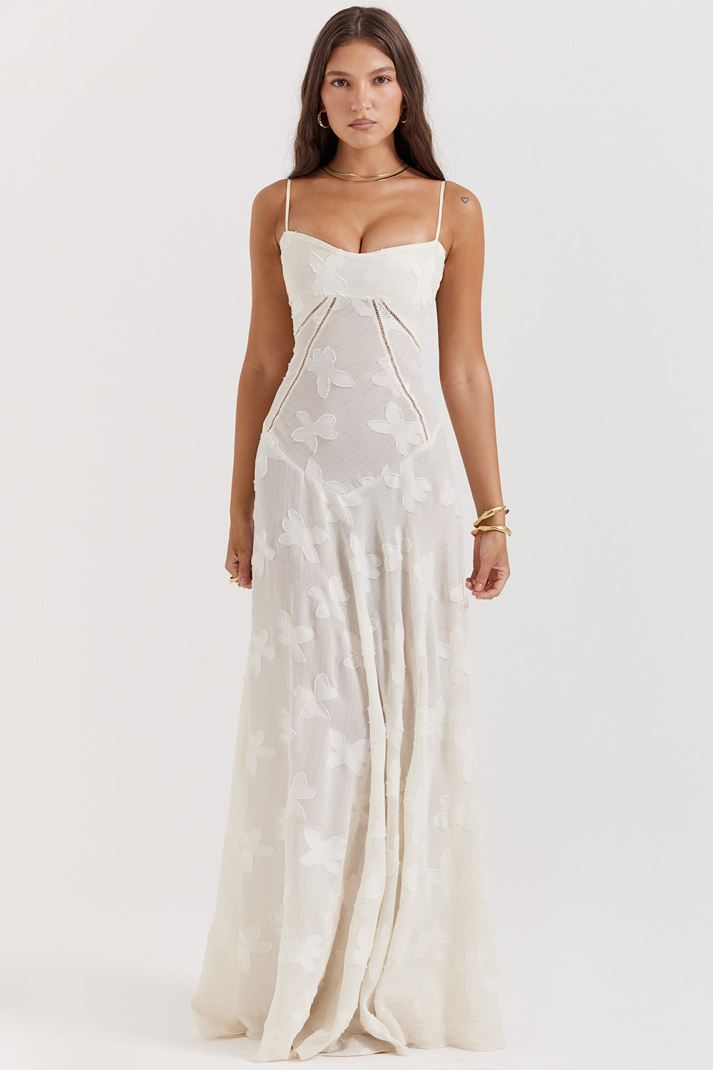 Eleanor - Retro Cream Maxi Dress With Lace Back Panel