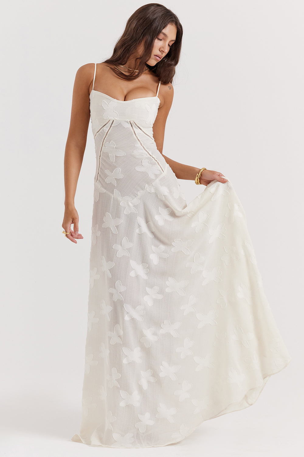 Eleanor - Retro Cream Maxi Dress With Lace Back Panel