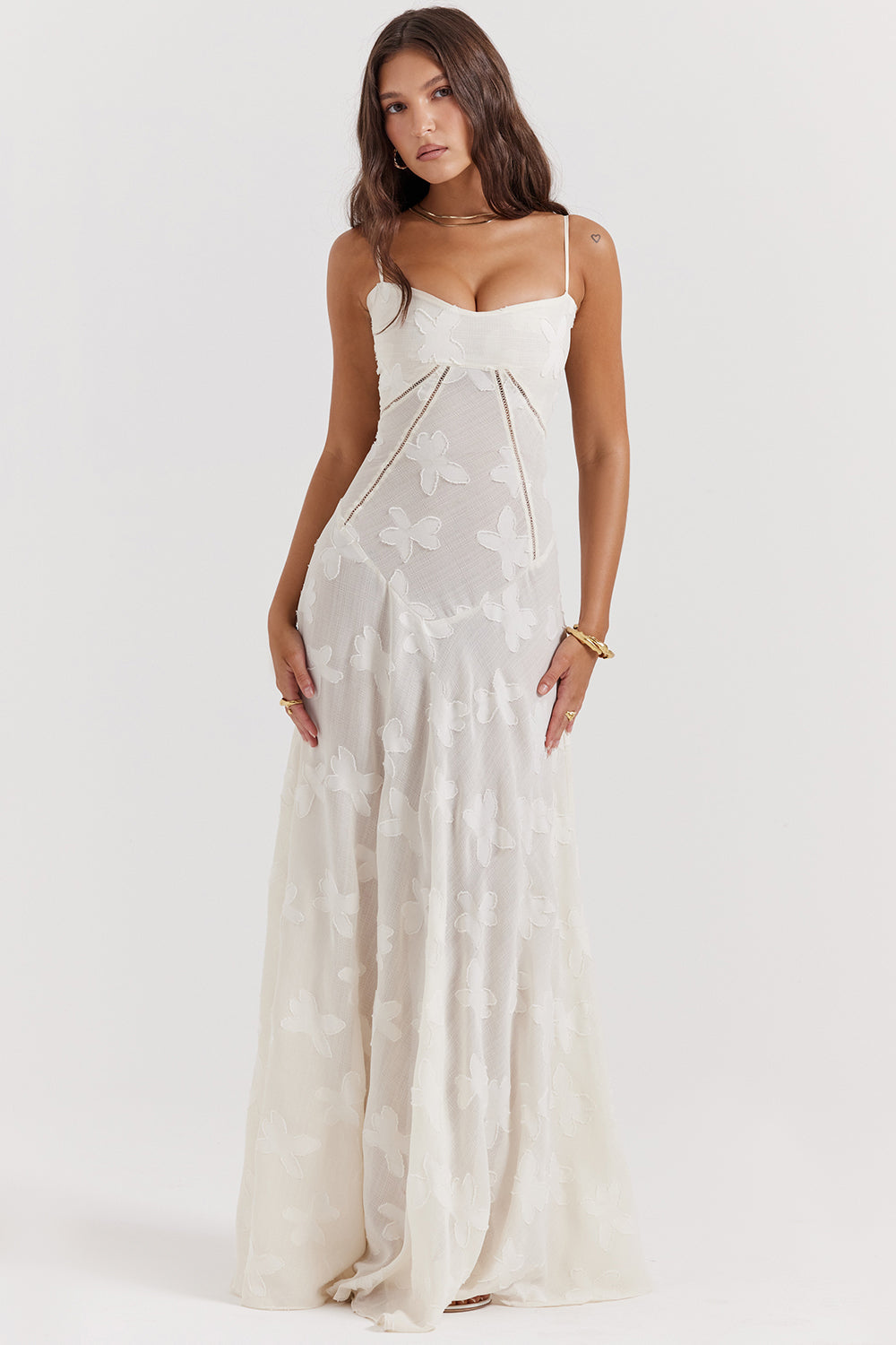 Eleanor - Retro Cream Maxi Dress With Lace Back Panel