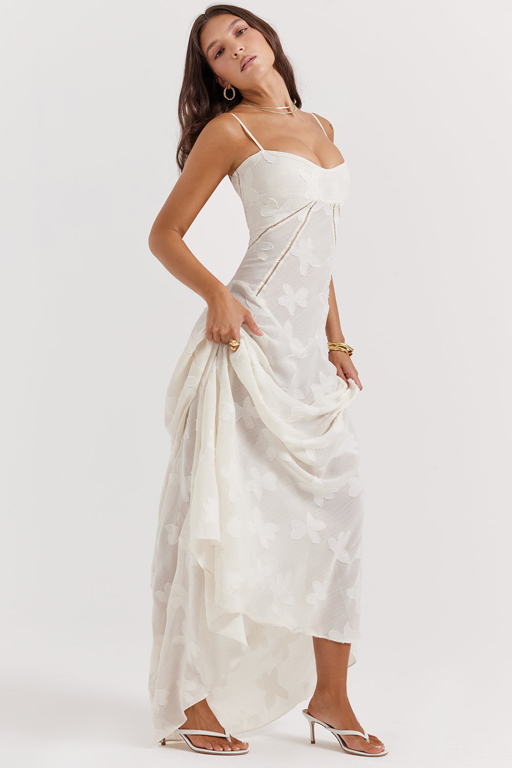 Eleanor - Retro Cream Maxi Dress With Lace Back Panel