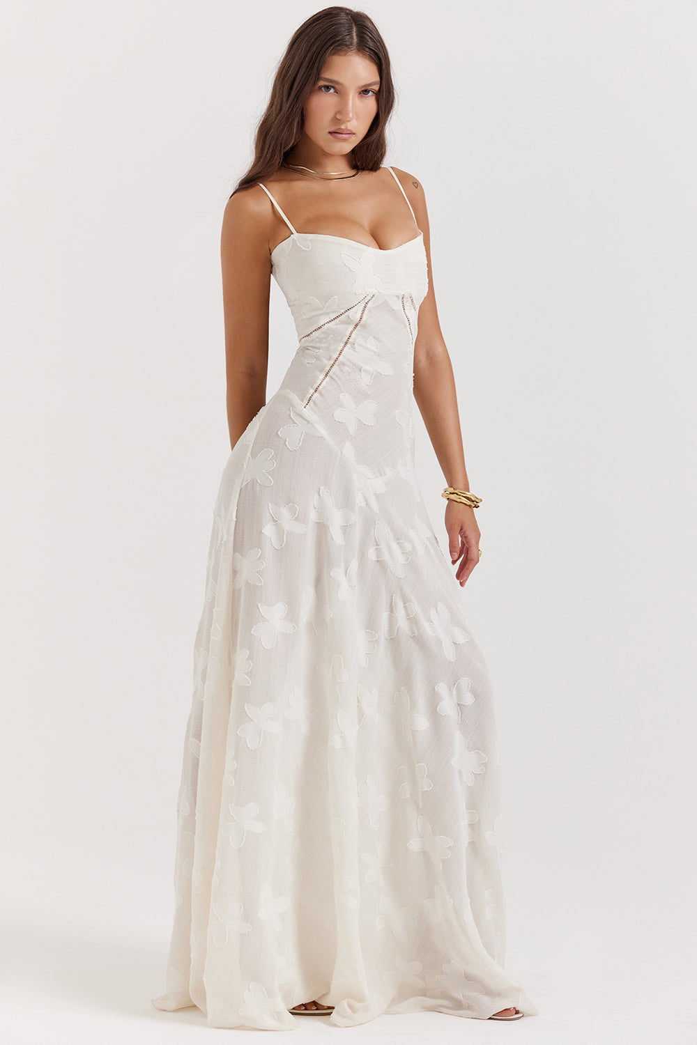 Eleanor - Retro Cream Maxi Dress With Lace Back Panel