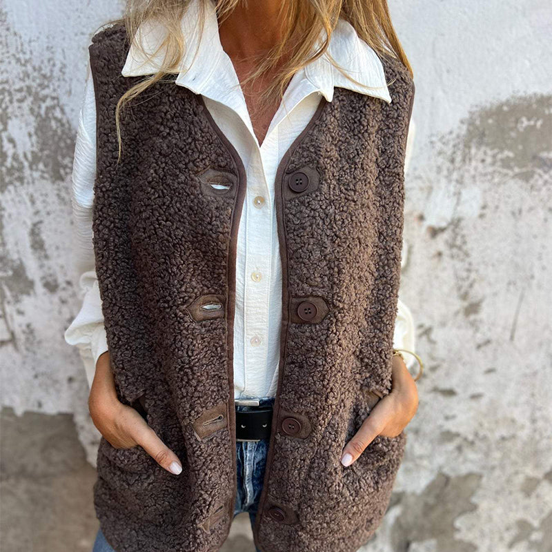 Women's Sherpa Vest - Button-Up Front - Soft & Warm - Relaxed Fit with Pockets