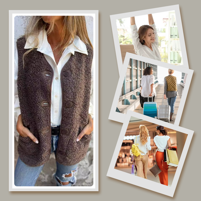 Women's Sherpa Vest - Button-Up Front - Soft & Warm - Relaxed Fit with Pockets