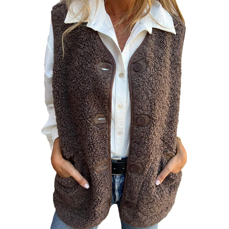 Women's Sherpa Vest - Button-Up Front - Soft & Warm - Relaxed Fit with Pockets