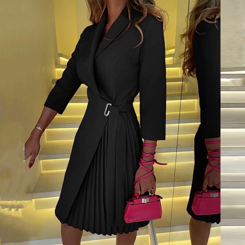 Women's Blazer Dress - Houndstooth Pattern - Notched Collar - Belted Waist - Pleated Skirt