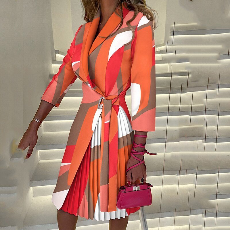 Women's Blazer Dress - Houndstooth Pattern - Notched Collar - Belted Waist - Pleated Skirt
