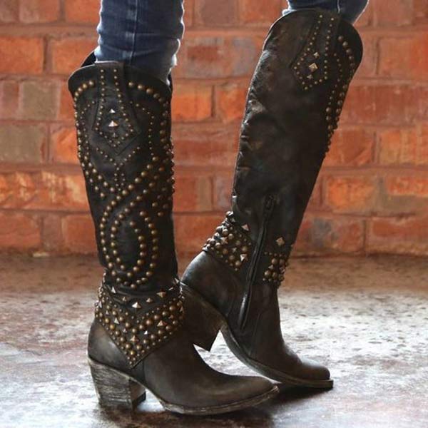 High boots with metal studs and cobby heel