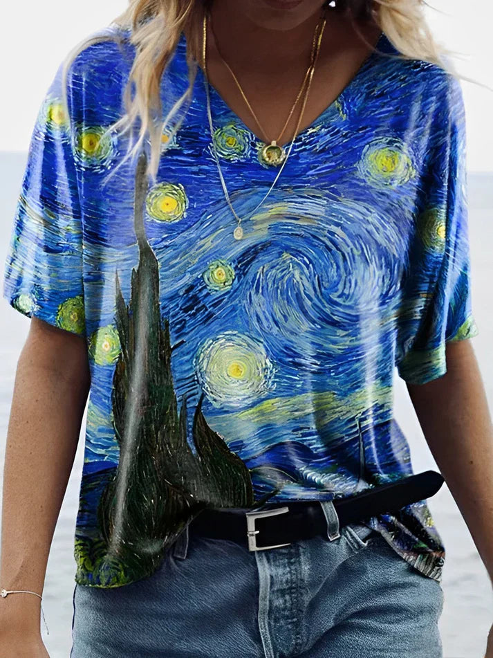 Van Gogh starry sky printed v-neck t-shirt