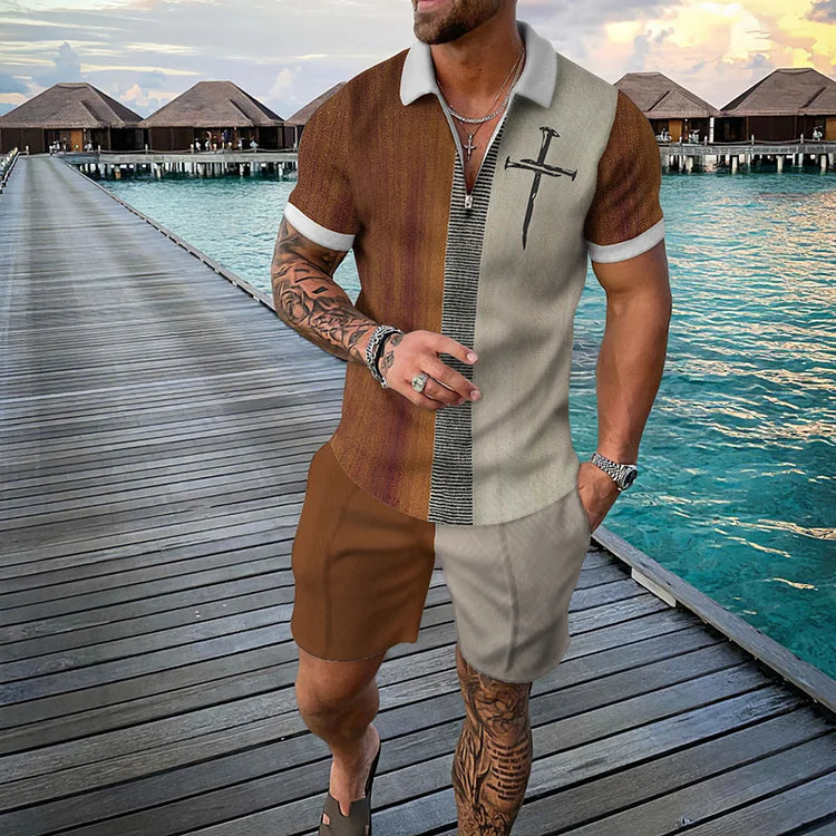 Cross Coconut Print Pocket Short Sleeve Polo Shirt And Shorts Co-Ord