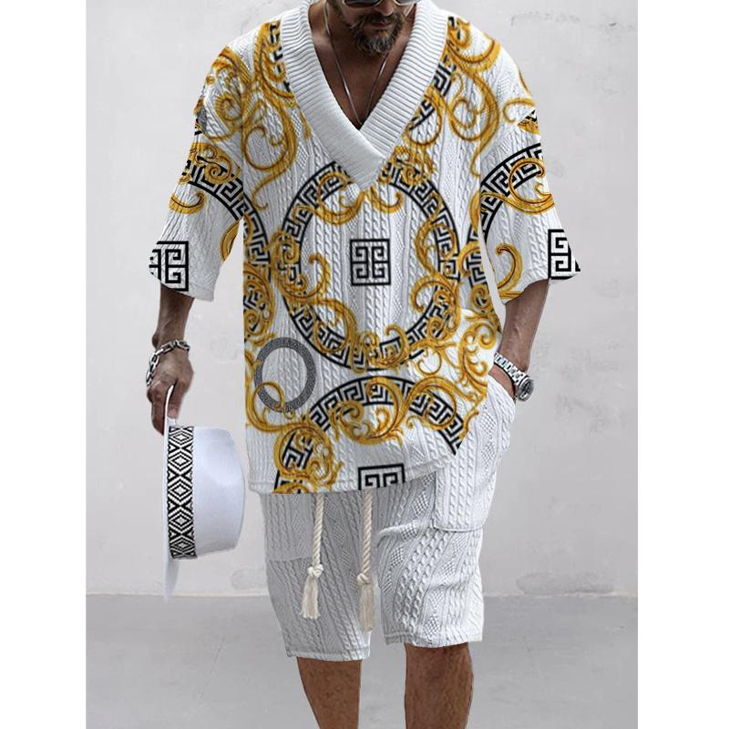 Men's Printed Short Sleeve Shorts Textured Set 85345470L