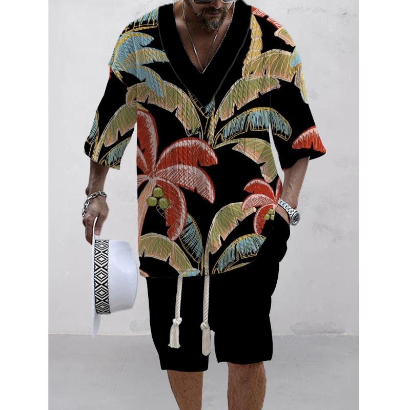 Men's Printed Short Sleeve Shorts Textured Set 74446745L