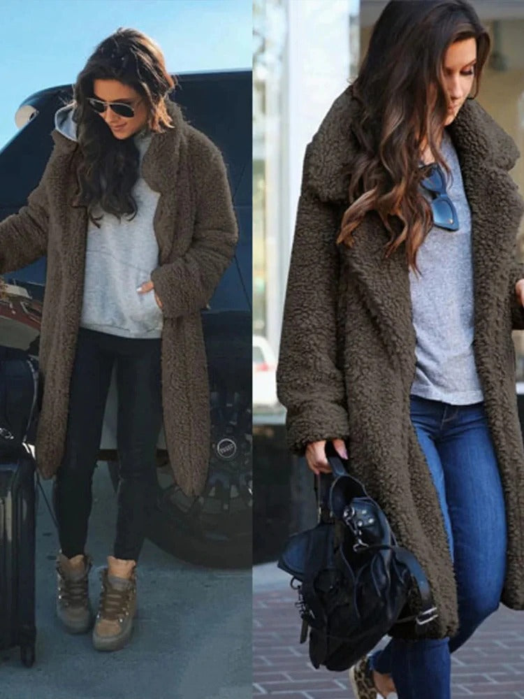 Women's Shearling Coat - Wide Lapel - Open Front - Soft Textured Warm Outerwear