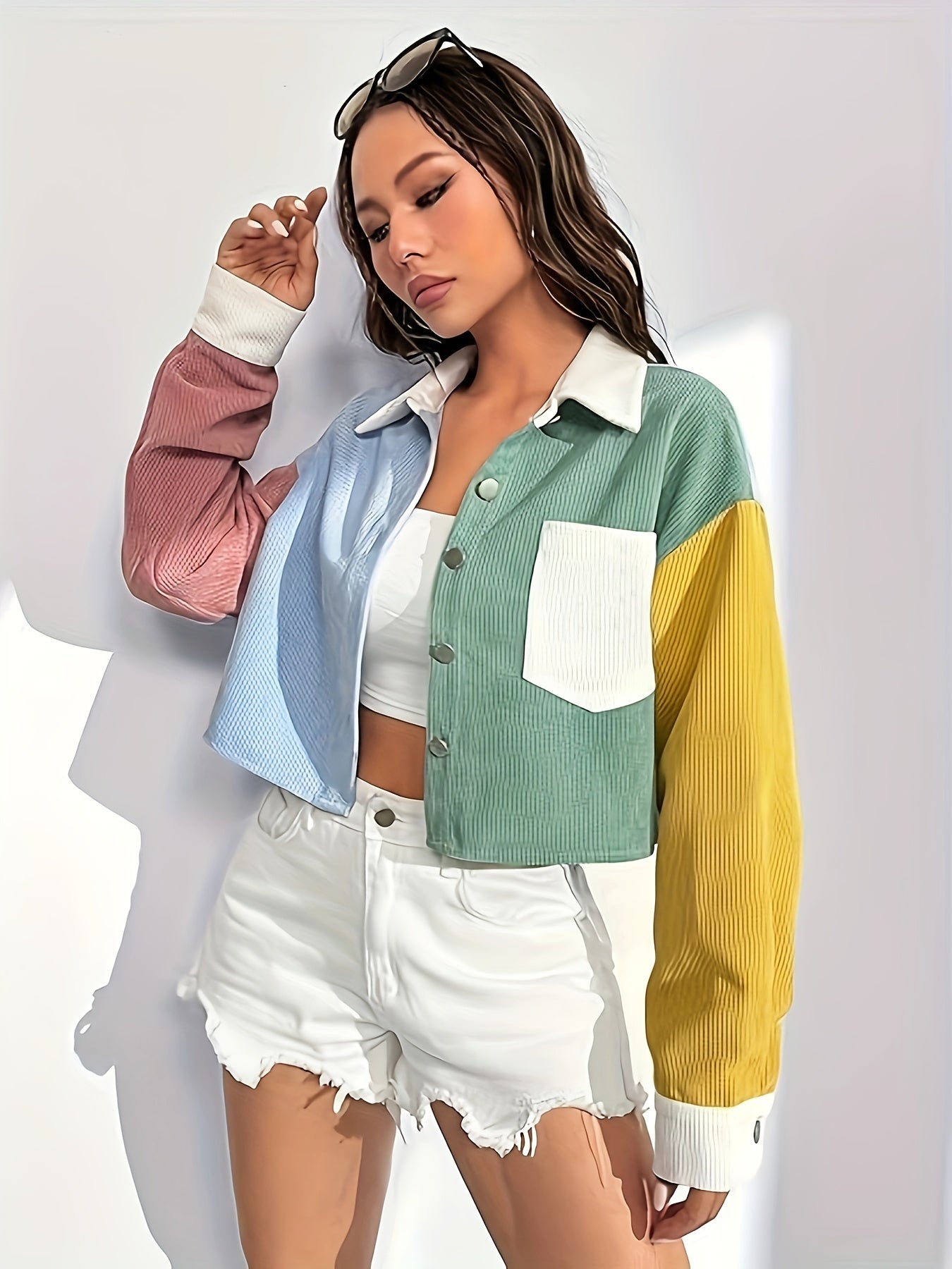 Color block patchwork corduroy jacket for women