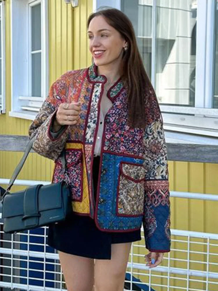 Adrianne - Coat With Floral Print and Patchwork Pockets