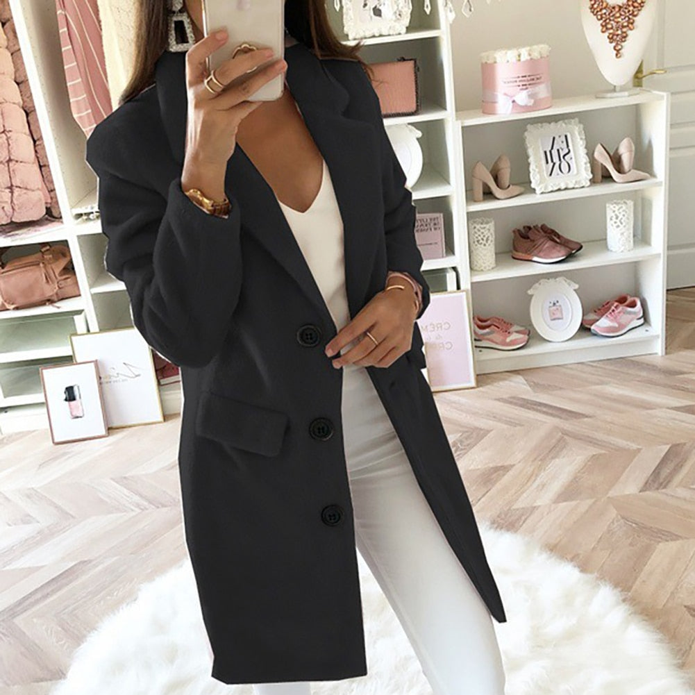 Women's Tailored Coat - Wool Blend - Notch Lapel - Mid Length - Button Closure