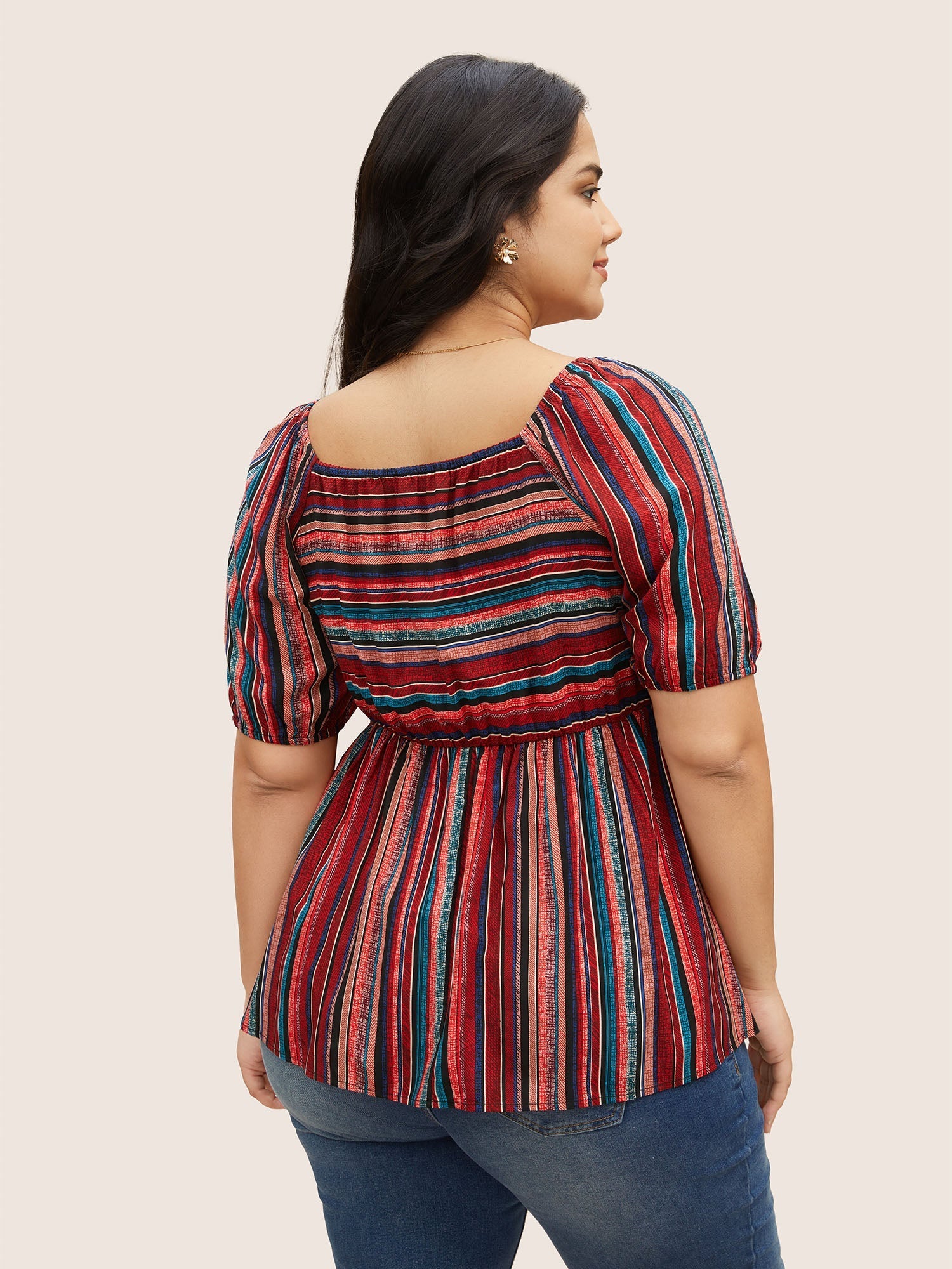 Striped Heart Neckline Lantern Sleeve Blouse