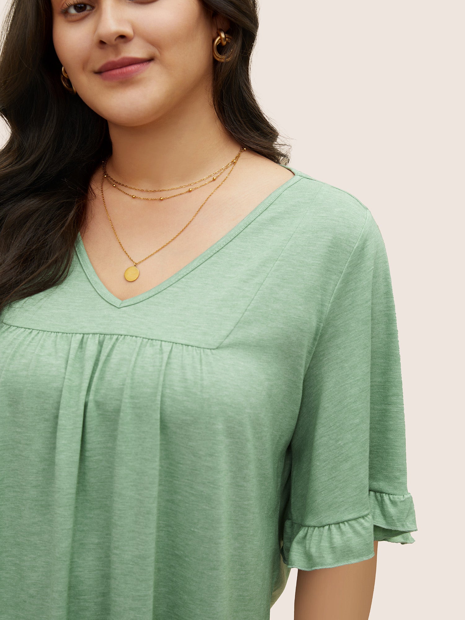 Solid Gathered Ruffle Trim Flounce Sleeve T-shirt